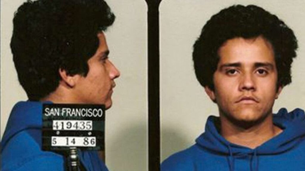 Fotografías de registro policial de Nemesio Oseguera Cervantes tomadas en San Francisco en la década de 1980, mostrando vistas frontal y de perfil.