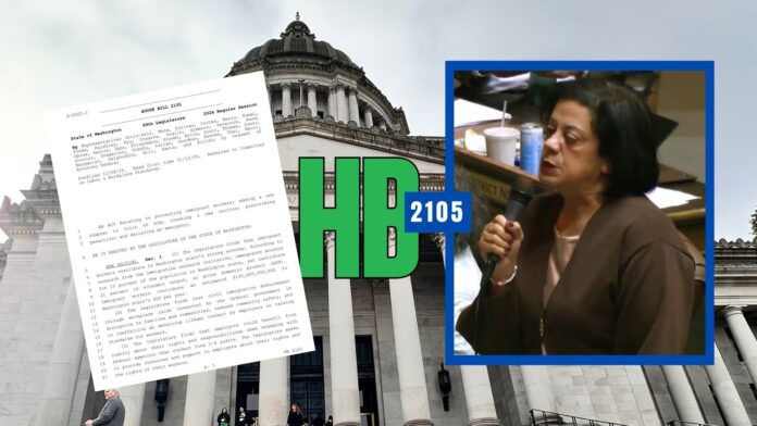 La representante Lillian Ortiz-Self durante debate del proyecto HB 2105 sobre protección de trabajadores inmigrantes frente al Capitolio del Estado de Washington.