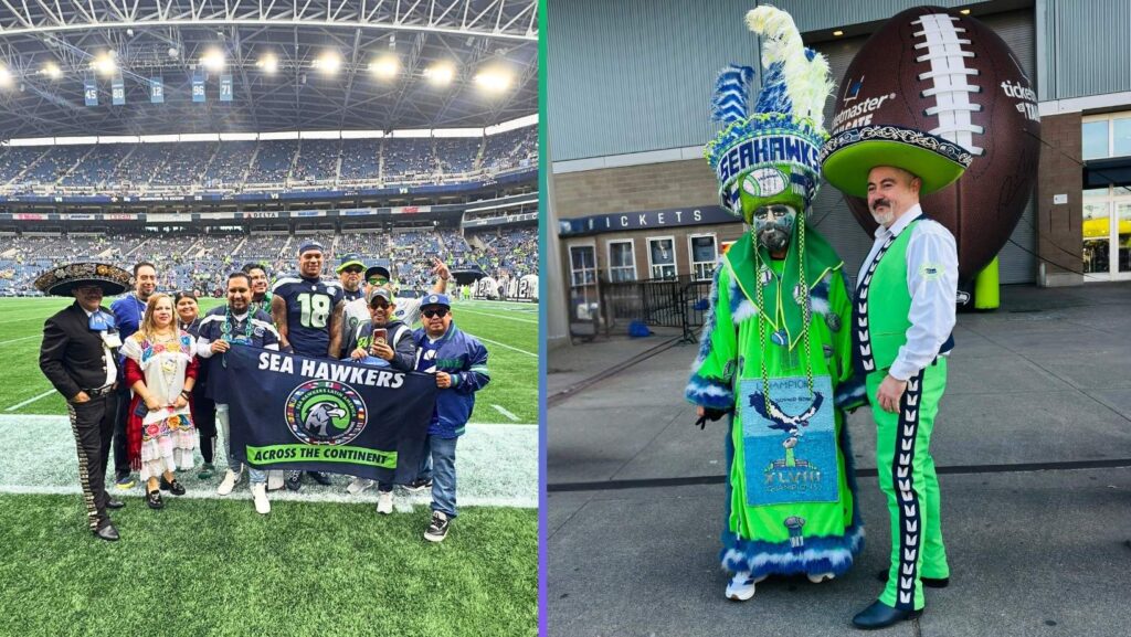 Alt text: Aficionados de Sea Hawkers Latin America en el campo del Lumen Field y fan con traje tradicional mexicano frente al estadio