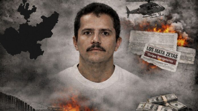 Retrato digital de Nemesio Oseguera Cervantes, conocido como El Mencho, con elementos visuales que representan la historia y actividades del Cártel de Jalisco Nueva Generación.