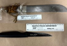 Hombre con orden de arresto por delito grave es detenido con armas blancas Foto: Machete y cuchillo recuperado por las autoridades durante el arresto - Cortesía del SPD