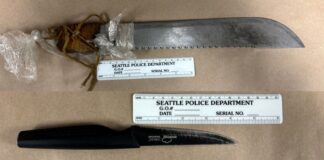 Hombre con orden de arresto por delito grave es detenido con armas blancas Foto: Machete y cuchillo recuperado por las autoridades durante el arresto - Cortesía del SPD