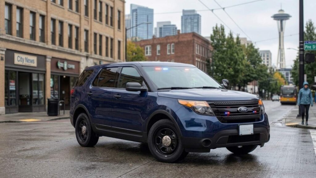 Vehículo policial azul estacionado en una calle del centro de Seattle,