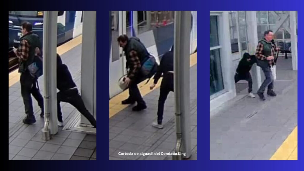 Collage de tres capturas de seguridad en la estación Northgate de Seattle que muestra a un hombre acercándose y empujando a otro pasajero cerca del borde de la plataforma.