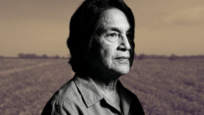 Retrato en blanco y negro de Dolores Huerta mirando hacia el horizonte, con un paisaje agrícola desenfocado al fondo.