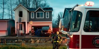 Bomberos de Snohomish Regional Fire & Rescue responden a un incendio residencial en Monroe mientras una escalera es colocada en una ventana del segundo piso para evacuar a un ocupante atrapado.