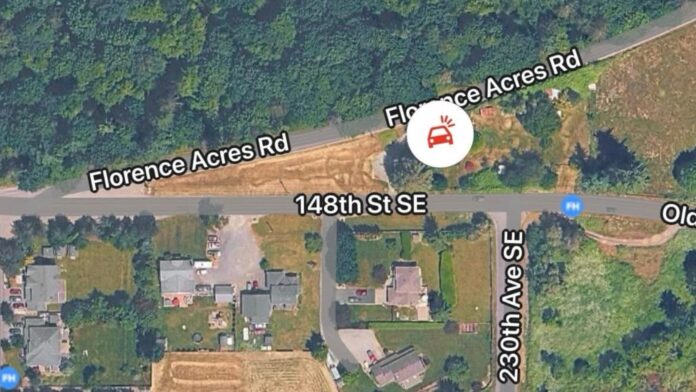 Mapa de Florence Acres Road en Monroe, Washington, donde un árbol cayó sobre un vehículo durante fuertes vientos.