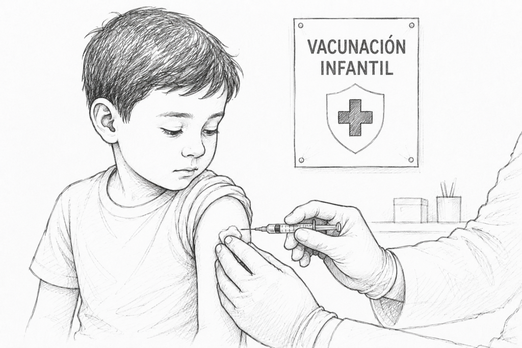 Imagen tipo sketch de un niño siendo vacunado