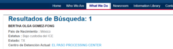 Captura de pantalla del portal oficial de ICE donde aparece Bertha Olga Gómez Fong, esposa del exgobernador de Chihuahua César Duarte, bajo custodia en el centro de procesamiento de El Paso, Texas — Foto: Captura de pantalla / ICE
