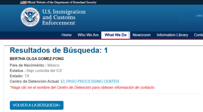 ICE detienen en Texas a la esposa del exgobernador de Chihuahua César Duarte Captura de pantalla del portal oficial de ICE donde aparece Bertha Olga Gómez Fong, esposa del exgobernador de Chihuahua César Duarte, bajo custodia en el centro de procesamiento de El Paso, Texas — Foto: Captura de pantalla / ICE