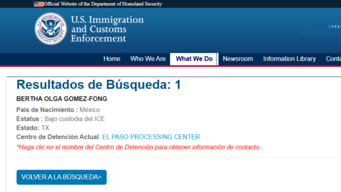 Captura de pantalla del portal oficial de ICE donde aparece Bertha Olga Gómez Fong, esposa del exgobernador de Chihuahua César Duarte, bajo custodia en el centro de procesamiento de El Paso, Texas — Foto: Captura de pantalla / ICE