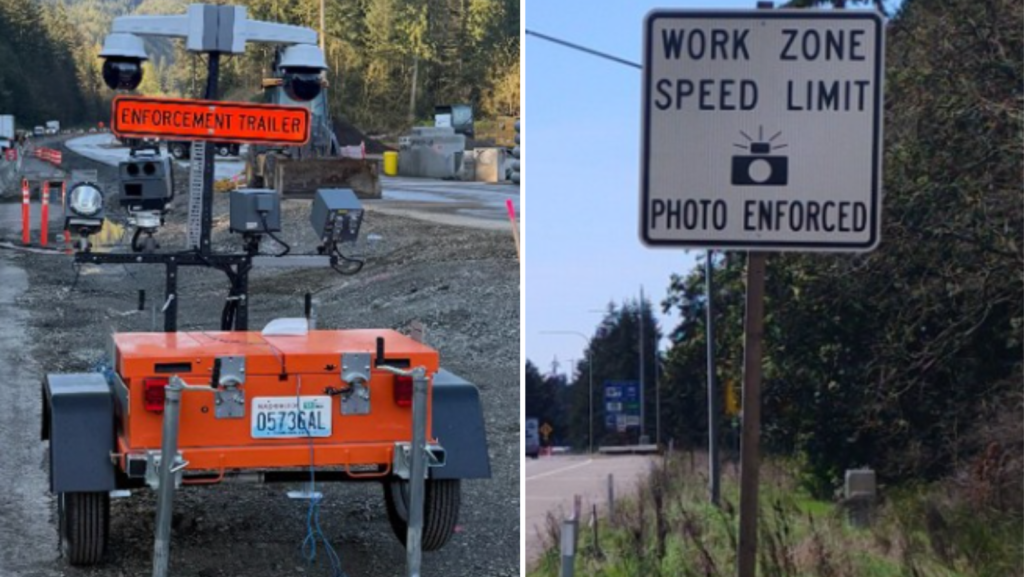 Izquierda: Radar de velocidad en zona de obras. Derecha: Señal de tráfico que identifica una zona de velocidad controlada – Foto cortesía de la WSDOT 