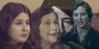 Collage con imágenes de Dolores Huerta, César Chávez, la senadora Rebecca Saldaña y la concejal Alexis Mercedes Rinck en contexto de denuncias y reacciones políticas.
