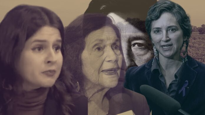 Collage con imágenes de Dolores Huerta, César Chávez, la senadora Rebecca Saldaña y la concejal Alexis Mercedes Rinck en contexto de denuncias y reacciones políticas.