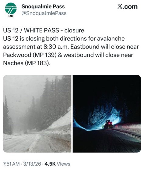 Carretera cubierta de nieve en White Pass mientras autoridades cierran la US-12 en ambas direcciones para evaluación de riesgo de avalanchas en Washington.