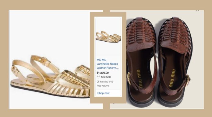 Miu Miu enfrenta críticas por huaraches hechos en Italia que cuestan $1,200 dólares. Collage de sandalias de Miu Miu y captura de pantalla con precio de $1,290 dólares.