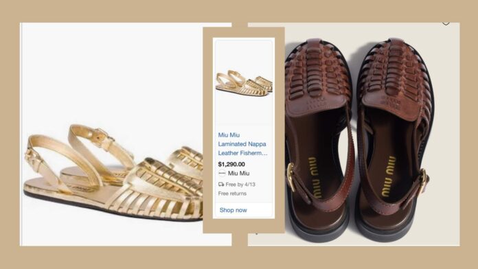 Huaraches Miu Miu Collage de sandalias de Miu Miu y captura de pantalla con precio de $1,290 dólares.