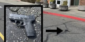 Arrestan en Olympia a sospechoso con 14 condenas previas y nuevos cargos por extorsión Entrada de Capital Mall en Olympia con una imagen insertada de un arma de fuego recuperada en el caso investigado por autoridades.