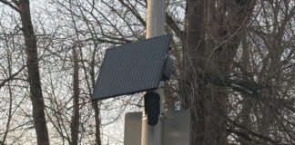 Conductor reporta su auto como robado tras huir de un accidente en Yakima Cámara de seguridad Flock con panel solar instalada en un poste en Renton, rodeada de árboles.
