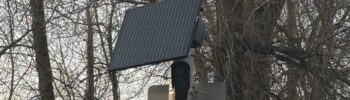 Cámara de seguridad Flock con panel solar instalada en un poste en Renton, rodeada de árboles.