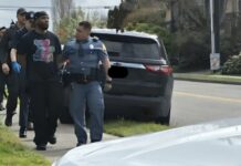 Arrestan en West Seattle a fugitivo buscado por homicidio vehicular Agentes de la Patrulla Estatal de Washington escoltan a un hombre arrestado por una calle de West Seattle durante un operativo policial.