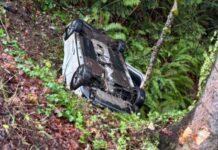 Hombre de Poulsbo enfrenta cargo por DUI tras volcar en un barranco en Kitsap Vehículo cae en un barranco luego de volcarse — Foto: Oficina del sheriff del condado de Kitsap