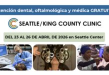 Clínica gratuita en el Seattle Center ofrecerá atención médica, dental y de la vista Gráfico promocional de la Seattle/King County Clinic anunciando atención dental, oftalmológica y médica gratuita del 23 al 26 de abril de 2026 en Seattle Center, con imágenes de pacientes recibiendo atención de salud.