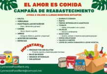 Bancos de alimentos en Washington enfrentan alta demanda y piden apoyo comunitario Cartel en español de campaña de donación de alimentos del banco de alimentos de Lynnwood, con lista de productos como frutas, verduras, arroz, pasta, frijoles y leche, además de indicaciones sobre alimentos sin gluten, bajos en sodio y sin azúcar.