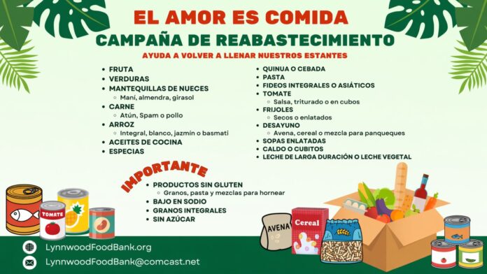 Cartel en español de campaña de donación de alimentos del banco de alimentos de Lynnwood, con lista de productos como frutas, verduras, arroz, pasta, frijoles y leche, además de indicaciones sobre alimentos sin gluten, bajos en sodio y sin azúcar.
