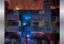 Incendio en Mountlake Terrace deja un rescate dramático y decenas de desplazados Bombero frente a un edificio de apartamentos de dos pisos envuelto en llamas durante la noche, con fuego intenso saliendo del techo, humo denso en el cielo y luces de emergencia iluminando la escena.