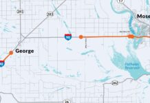 Pavimentación de la autopista I-90 entre Vantage y George inicia el 20 de abril Este mapa muestra (en naranja) los distintos tramos del proyecto en la I-90, con la ciudad de Moses Lake en el extremo derecho de la imagen y la localidad de George cerca del lado izquierdo — Gráfica: WSDOT
