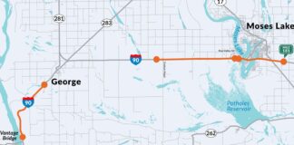 Pavimentación de la autopista I-90 entre Vantage y George inicia el 20 de abril Este mapa muestra (en naranja) los distintos tramos del proyecto en la I-90, con la ciudad de Moses Lake en el extremo derecho de la imagen y la localidad de George cerca del lado izquierdo — Gráfica: WSDOT