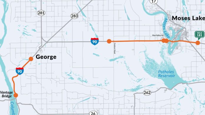 Este mapa muestra (en naranja) los distintos tramos del proyecto en la I-90, con la ciudad de Moses Lake en el extremo derecho de la imagen y la localidad de George cerca del lado izquierdo — Gráfica: WSDOT