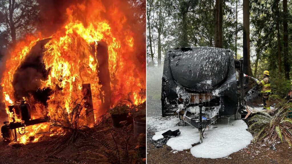 Estado del tráiler de viaje durante y después del incendio — Imagen: Cuerpo regional de bomberos y rescate de Snohomish 