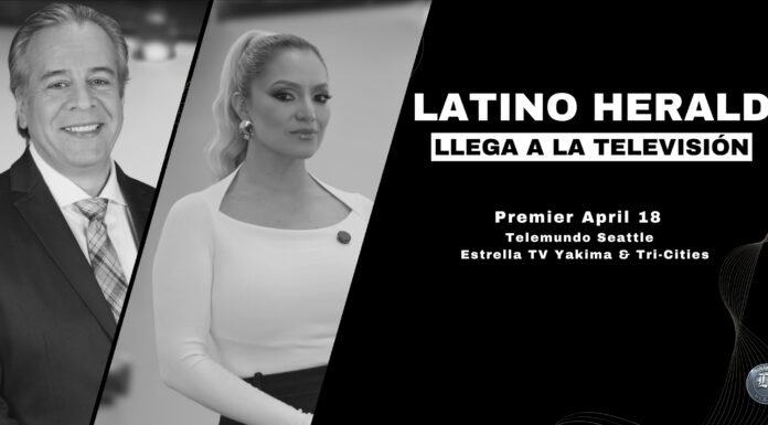 Latino Herald llega a la televisión por Telemundo Seattle y Estrella TV en Yakima y Tri-Cities Rosy Trujillo y José Luis González en una foto del anuncio del show de TV Latino Herald
