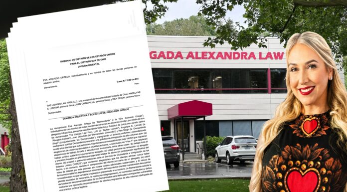 Nueva demanda colectiva alega que firma en Ohio adoptó modelo desarrollado por Alexandra Lozano Composición gráfica que muestra una copia de la demanda colectiva presentada en una corte federal de Ohio contra Lisinski Law Firm, superpuesta frente a una imagen de las oficinas de Alexandra Law. A la derecha aparece un retrato de la abogada Alexandra Lozano. La imagen ilustra la conexión alegada por los demandantes entre el modelo de negocio cuestionado en Ohio y un sistema que atribuyen a Lozano.
