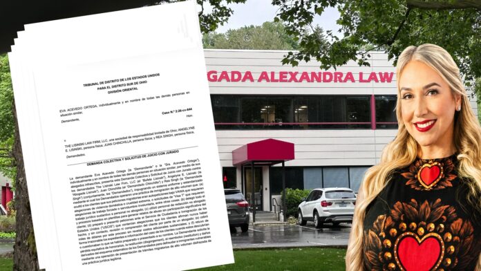 Alexandra Lozano - Ohio Lawsuit Composición gráfica que muestra una copia de la demanda colectiva presentada en una corte federal de Ohio contra Lisinski Law Firm, superpuesta frente a una imagen de las oficinas de Alexandra Law. A la derecha aparece un retrato de la abogada Alexandra Lozano. La imagen ilustra la conexión alegada por los demandantes entre el modelo de negocio cuestionado en Ohio y un sistema que atribuyen a Lozano.