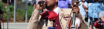Integrante del Mariachi Ayutla canta y toca el violín durante la celebración del Cinco de Mayo en Redmond.