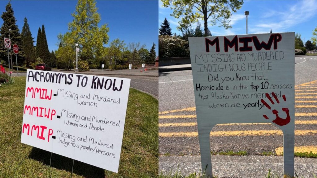 Parte de la instalacion creada por la estudiante Liz Herrmann de Mountlake Terrace High Schoo, para crear conciencia sobre la crisis de las mujeres y personas indígenas desaparecidas y asesinadas (MMIWP) — Imagen: Distrito escolar de Edmonds 