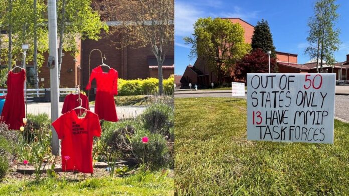 Parte de la instalacion creada por la estudiante Liz Herrmann de Mountlake Terrace High Schoo, para crear conciencia sobre la crisis de las mujeres y personas indígenas desaparecidas y asesinadas (MMIWP) — Imagen: Distrito escolar de Edmonds