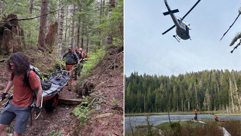 Equipos de búsqueda y rescate participaron en una compleja operación en terreno boscoso y zonas inundadas, utilizando camillas y apoyo aéreo para evacuar a una persona del área — Imagen: SCVSAR 