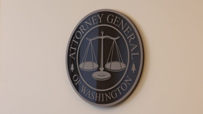 Insignia oficial de la Oficina del Fiscal General del Estado de Washington en el despacho del fiscal general Nick Brown del centro de Seattle — Foto: Latino Herald ™