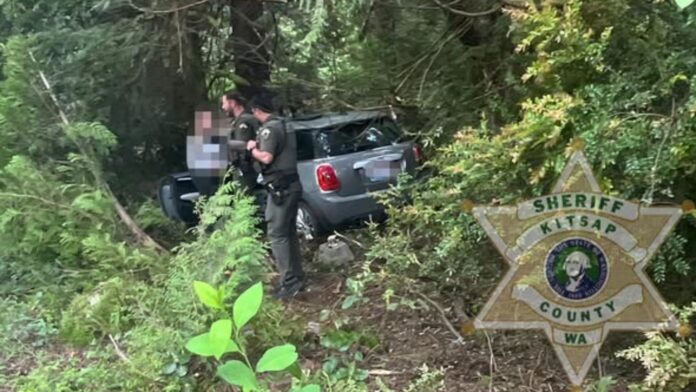 Vehículo gris fuera del camino Vehículo gris fuera del camino entre árboles y vegetación mientras dos agentes del alguacil del condado de Kitsap trabajan en la escena de un incidente. Imagen tomada en una zona boscosa.