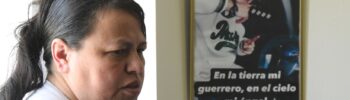 Adriana Garzón, madre de Brayan Rayo Garzón, quien murió por suicidio mientras estaba bajo custodia del ICE en abril de 2025, posa junto a una foto de Rayo que dice 'En la tierra, mi guerrero; en el cielo, mi ángel', en el hogar de Garzón