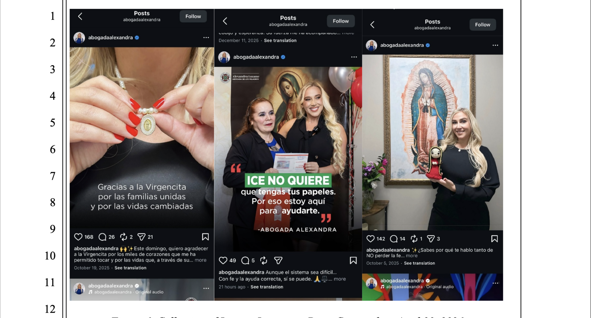 Captura incluida en la demanda civil contra Alexandra Lozano que muestra varias publicaciones de redes sociales donde aparece junto a imágenes de la Virgen de Guadalupe y mensajes dirigidos a inmigrantes sobre regularizar su estatus migratorio.