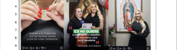 Captura incluida en la demanda civil contra Alexandra Lozano que muestra varias publicaciones de redes sociales donde aparece junto a imágenes de la Virgen de Guadalupe y mensajes dirigidos a inmigrantes sobre regularizar su estatus migratorio.