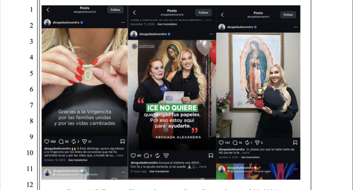 Captura incluida en la demanda civil contra Alexandra Lozano que muestra varias publicaciones de redes sociales donde aparece junto a imágenes de la Virgen de Guadalupe y mensajes dirigidos a inmigrantes sobre regularizar su estatus migratorio.