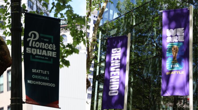 Mundial en Seattle: lo que debes saber para las jornadas de los seis partidos Pioneer Square FIFA cup banners