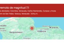 Fuerte terremoto de magnitud preliminar 7.1 sacude Venezuela; emiten alerta de tsunami para parte del Caribe Mapa de Google que muestra el epicentro aproximado de un terremoto de magnitud 7.1 cerca de San Felipe, Yaracuy, Venezuela, con indicación de los países donde fue percibido el sismo.