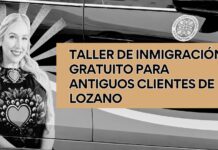 Unos 30 abogados ofrecerán ayuda gratuita a exclientes de Alexandra Lozano Gráfico promocional en blanco y negro con una fotografía de Alexandra Lozano junto al texto “Taller de inmigración gratuito para antiguos clientes de Lozano”, utilizado para difundir una clínica legal dirigida a personas afectadas por el cierre de su despacho.
